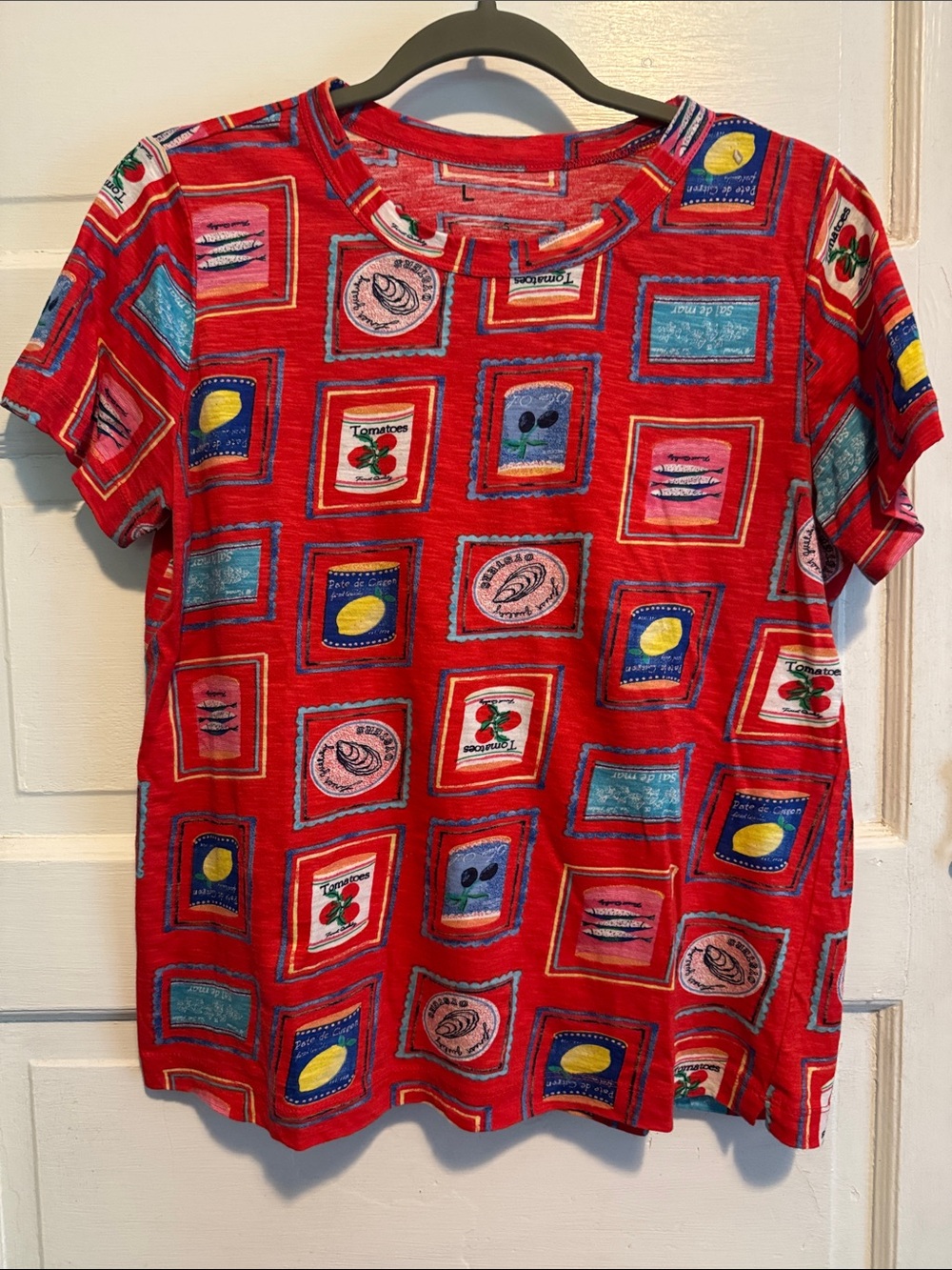 LOFT Red Short Sleeve Graphic Tee with Multi-Color Stamp Print